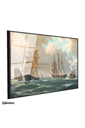 Siyah Renk Metal Çerçeveli Tamperli Cam Tablo John Stobart Denizde Yelkenliler Buharlı Ressam Tablosu Duvar Dekoru