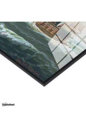 Siyah Renk Metal Çerçeveli Tamperli Cam Tablo John Stobart Denizde Yelkenliler Buharlı Ressam Tablosu Duvar Dekoru