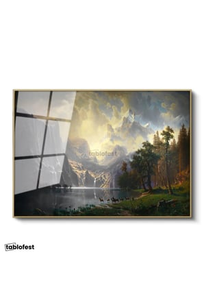 Altın Renk Metal Çerçeveli Tamperli Cam Tablo Albert Bierstadt Yosemite Vadisi Şelale ve Göl Işık Ressam Tablosu Dekoru