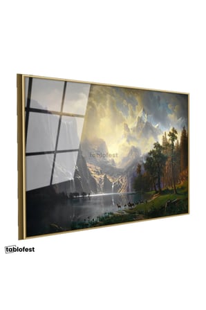 Altın Renk Metal Çerçeveli Tamperli Cam Tablo Albert Bierstadt Yosemite Vadisi Şelale ve Göl Işık Ressam Tablosu Dekoru