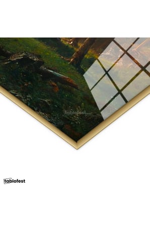 Altın Renk Metal Çerçeveli Tamperli Cam Tablo Albert Bierstadt Yosemite Vadisi Şelale ve Göl Işık Ressam Tablosu Dekoru