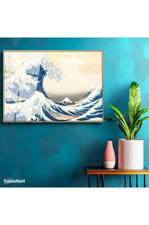 Altın Renk Metal Çerçeveli Tamperli Cam Tablo Hokusai Büyük Dalga Kanagawa Fuji Dağı Ukiyo-e Ressam Tablosu Duvar Dekoru