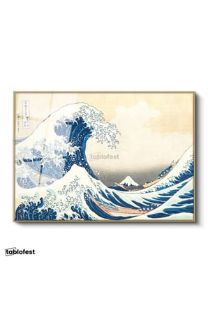 Altın Renk Metal Çerçeveli Tamperli Cam Tablo Hokusai Büyük Dalga Kanagawa Fuji Dağı Ukiyo-e Ressam Tablosu Duvar Dekoru