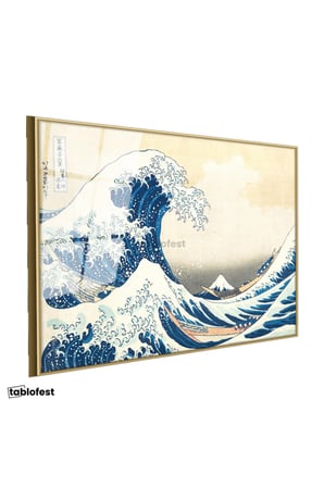 Altın Renk Metal Çerçeveli Tamperli Cam Tablo Hokusai Büyük Dalga Kanagawa Fuji Dağı Ukiyo-e Ressam Tablosu Duvar Dekoru