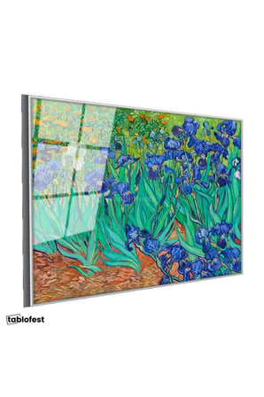 Gümüş Renk Metal Çerçeveli Tamperli Cam Tablo Vincent van Gogh İris Çiçekleri Bahçe Mavi Ressam Tablosu Duvar Dekoru