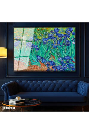 Siyah Renk Metal Çerçeveli Tamperli Cam Tablo Vincent van Gogh İris Çiçekleri Bahçe Mavi Ressam Tablosu Duvar Dekoru