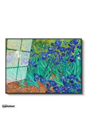 Siyah Renk Metal Çerçeveli Tamperli Cam Tablo Vincent van Gogh İris Çiçekleri Bahçe Mavi Ressam Tablosu Duvar Dekoru