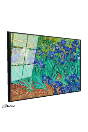 Siyah Renk Metal Çerçeveli Tamperli Cam Tablo Vincent van Gogh İris Çiçekleri Bahçe Mavi Ressam Tablosu Duvar Dekoru