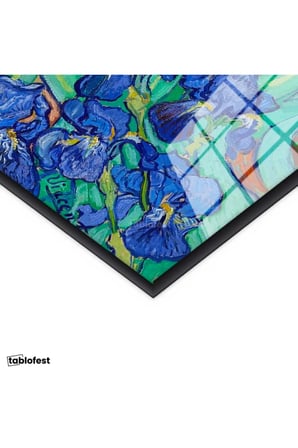 Siyah Renk Metal Çerçeveli Tamperli Cam Tablo Vincent van Gogh İris Çiçekleri Bahçe Mavi Ressam Tablosu Duvar Dekoru