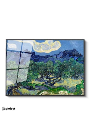 Siyah Renk Metal Çerçeveli Tamperli Cam Tablo Van Gogh Zeytin Ağaçları Mavi Dağlar Bulutlu Ressam Tablosu Duvar Dekoru