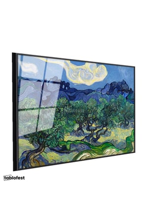 Siyah Renk Metal Çerçeveli Tamperli Cam Tablo Van Gogh Zeytin Ağaçları Mavi Dağlar Bulutlu Ressam Tablosu Duvar Dekoru