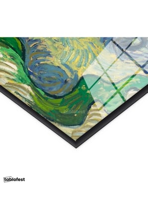 Siyah Renk Metal Çerçeveli Tamperli Cam Tablo Van Gogh Zeytin Ağaçları Mavi Dağlar Bulutlu Ressam Tablosu Duvar Dekoru