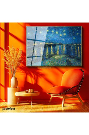 Altın Renk Metal Çerçeveli Tamperli Cam Tablo Van Gogh Rhone Üzerinde Yıldızlı Gece Rıhtım Ressam Tablosu Duvar Dekoru