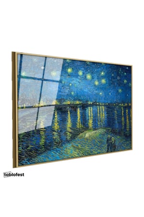 Altın Renk Metal Çerçeveli Tamperli Cam Tablo Van Gogh Rhone Üzerinde Yıldızlı Gece Rıhtım Ressam Tablosu Duvar Dekoru