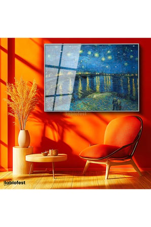 Gümüş Renk Metal Çerçeveli Tamperli Cam Tablo Van Gogh Rhone Üzerinde Yıldızlı Gece Rıhtım Ressam Tablosu Duvar Dekoru