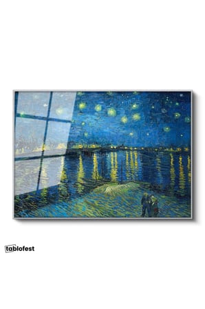Gümüş Renk Metal Çerçeveli Tamperli Cam Tablo Van Gogh Rhone Üzerinde Yıldızlı Gece Rıhtım Ressam Tablosu Duvar Dekoru