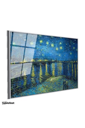 Gümüş Renk Metal Çerçeveli Tamperli Cam Tablo Van Gogh Rhone Üzerinde Yıldızlı Gece Rıhtım Ressam Tablosu Duvar Dekoru