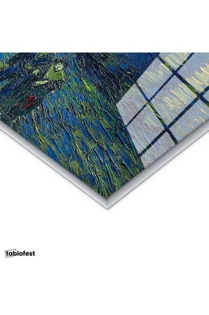 Gümüş Renk Metal Çerçeveli Tamperli Cam Tablo Van Gogh Rhone Üzerinde Yıldızlı Gece Rıhtım Ressam Tablosu Duvar Dekoru