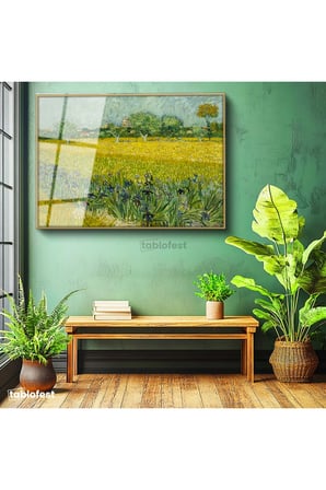 Altın Renk Metal Çerçeveli Tamperli Cam Tablo Van Gogh Buğday Tarlası Köy Ressam Tablosu Duvar Dekoru