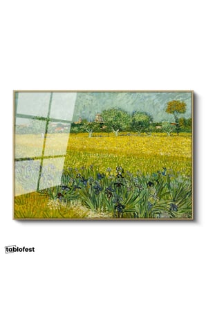 Altın Renk Metal Çerçeveli Tamperli Cam Tablo Van Gogh Buğday Tarlası Köy Ressam Tablosu Duvar Dekoru