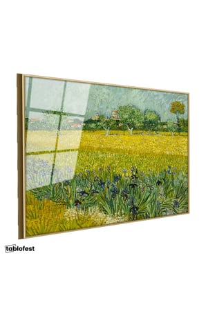Altın Renk Metal Çerçeveli Tamperli Cam Tablo Van Gogh Buğday Tarlası Köy Ressam Tablosu Duvar Dekoru