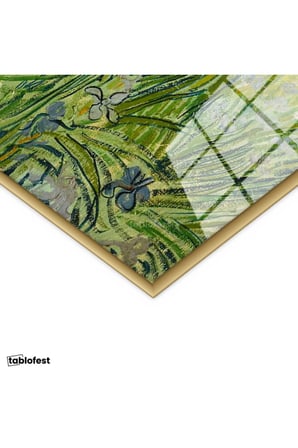 Altın Renk Metal Çerçeveli Tamperli Cam Tablo Van Gogh Buğday Tarlası Köy Ressam Tablosu Duvar Dekoru