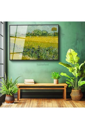 Siyah Renk Metal Çerçeveli Tamperli Cam Tablo Van Gogh Buğday Tarlası Köy Ressam Tablosu Duvar Dekoru
