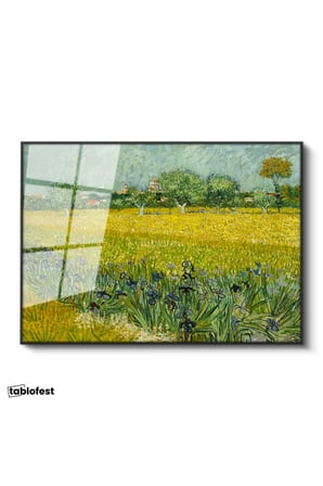 Siyah Renk Metal Çerçeveli Tamperli Cam Tablo Van Gogh Buğday Tarlası Köy Ressam Tablosu Duvar Dekoru