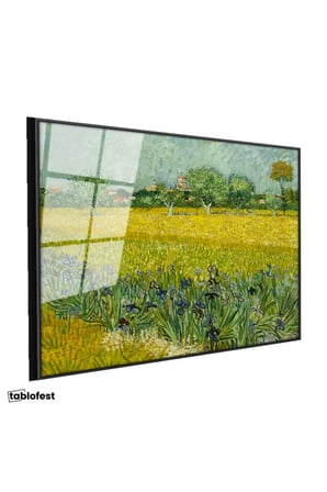 Siyah Renk Metal Çerçeveli Tamperli Cam Tablo Van Gogh Buğday Tarlası Köy Ressam Tablosu Duvar Dekoru