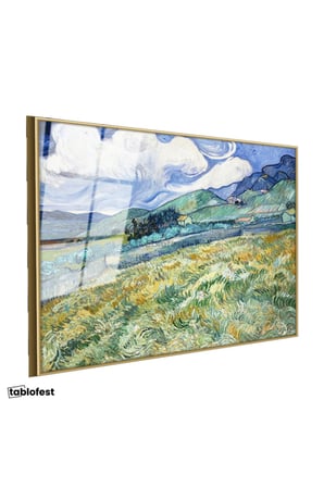 Altın Renk Metal Çerçeveli Tamperli Cam Tablo Van Gogh Buğday Tarlası Yokuş Yukarı Ressam Tablosu Duvar Dekoru