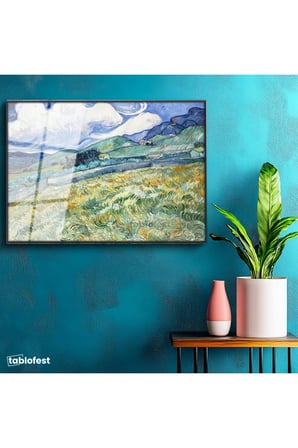 Siyah Renk Metal Çerçeveli Tamperli Cam Tablo Van Gogh Buğday Tarlası Yokuş Yukarı Ressam Tablosu Duvar Dekoru