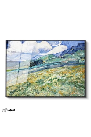Siyah Renk Metal Çerçeveli Tamperli Cam Tablo Van Gogh Buğday Tarlası Yokuş Yukarı Ressam Tablosu Duvar Dekoru