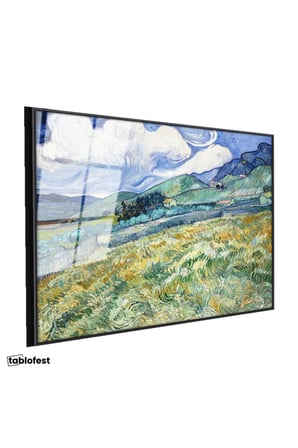 Siyah Renk Metal Çerçeveli Tamperli Cam Tablo Van Gogh Buğday Tarlası Yokuş Yukarı Ressam Tablosu Duvar Dekoru