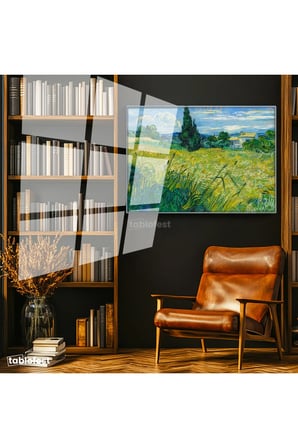 Gümüş Renk Metal Çerçeveli Tamperli Cam Tablo Van Gogh Selvili Çayır Çiftlik Evi Ressam Tablosu Duvar Dekoru