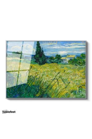 Gümüş Renk Metal Çerçeveli Tamperli Cam Tablo Van Gogh Selvili Çayır Çiftlik Evi Ressam Tablosu Duvar Dekoru