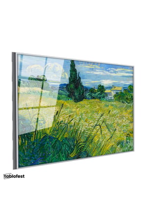 Gümüş Renk Metal Çerçeveli Tamperli Cam Tablo Van Gogh Selvili Çayır Çiftlik Evi Ressam Tablosu Duvar Dekoru