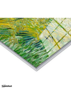 Gümüş Renk Metal Çerçeveli Tamperli Cam Tablo Van Gogh Selvili Çayır Çiftlik Evi Ressam Tablosu Duvar Dekoru