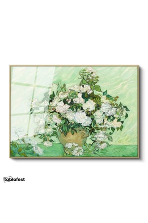 Altın Renk Metal Çerçeveli Tamperli Cam Tablo Van Gogh Beyaz Güller Vazo Çiçekli Natürmort Ressam Tablosu Duvar Dekoru