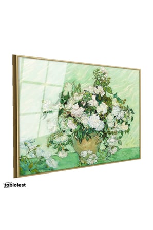 Altın Renk Metal Çerçeveli Tamperli Cam Tablo Van Gogh Beyaz Güller Vazo Çiçekli Natürmort Ressam Tablosu Duvar Dekoru