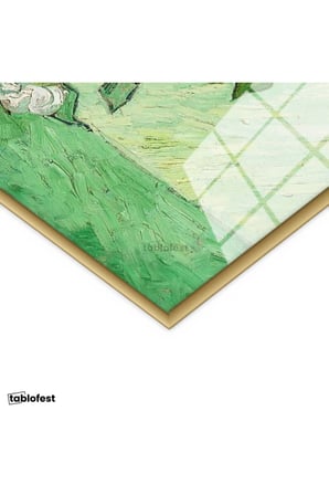 Altın Renk Metal Çerçeveli Tamperli Cam Tablo Van Gogh Beyaz Güller Vazo Çiçekli Natürmort Ressam Tablosu Duvar Dekoru