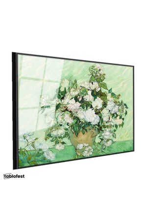 Siyah Renk Metal Çerçeveli Tamperli Cam Tablo Van Gogh Beyaz Güller Vazo Çiçekli Natürmort Ressam Tablosu Duvar Dekoru