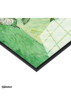 Siyah Renk Metal Çerçeveli Tamperli Cam Tablo Van Gogh Beyaz Güller Vazo Çiçekli Natürmort Ressam Tablosu Duvar Dekoru