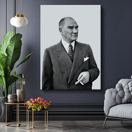 Dikey Kanvas Tablo Atatürk Ceketli Duruş Atatürk Tablosu Ev Ofis Duvar Dekoru
