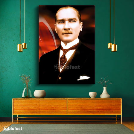 Dikey Kanvas Tablo Atatürk Bayrak Fonlu Atatürk Tablosu Ev Ofis Duvar Dekoru