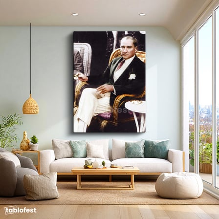 Dikey Kanvas Tablo Atatürk Hasır Koltuk Atatürk Tablosu Ev Ofis Duvar Dekoru