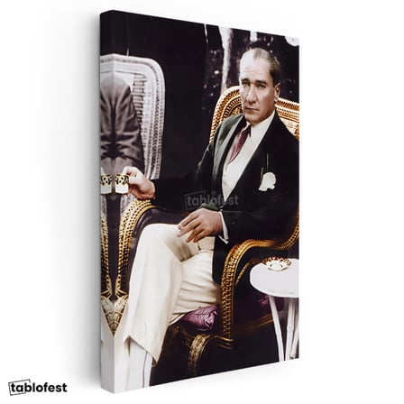 Dikey Kanvas Tablo Atatürk Hasır Koltuk Atatürk Tablosu Ev Ofis Duvar Dekoru