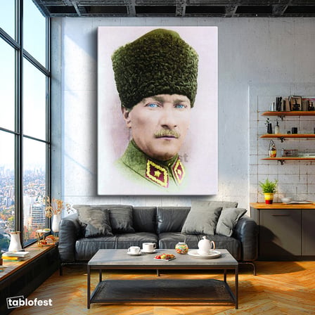 Dikey Kanvas Tablo Atatürk Kalpaklı Askeri Portre Atatürk Tablosu Ev Ofis Duvar Dekoru