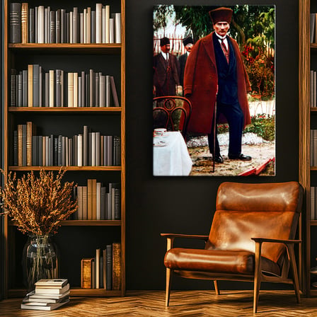 Dikey Kanvas Tablo Atatürk Uzun Paltolu Ve Bastonlu Atatürk Tablosu Ev Ofis Duvar Dekoru