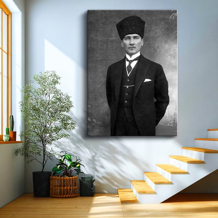 Dikey Kanvas Tablo Atatürk Kalpaklı Yelekli Takım Atatürk Tablosu Ev Ofis Duvar Dekoru