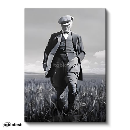 Dikey Kanvas Tablo Atatürk Kasketli Tarla Pozu Atatürk Tablosu Ev Ofis Duvar Dekoru